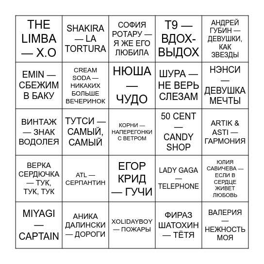 МУЗЛОТОЛЯ Bingo Card