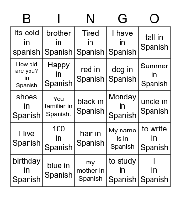 Spanish Bingo 3/25 Bingo Card
