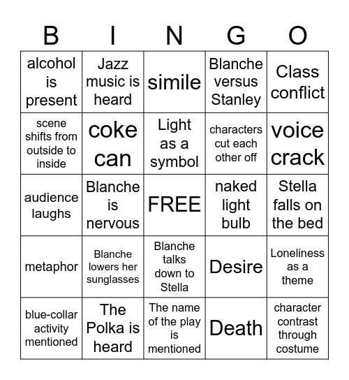 Streetcar Scene One Bingo Card