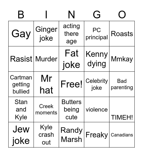 South park Bingo Card