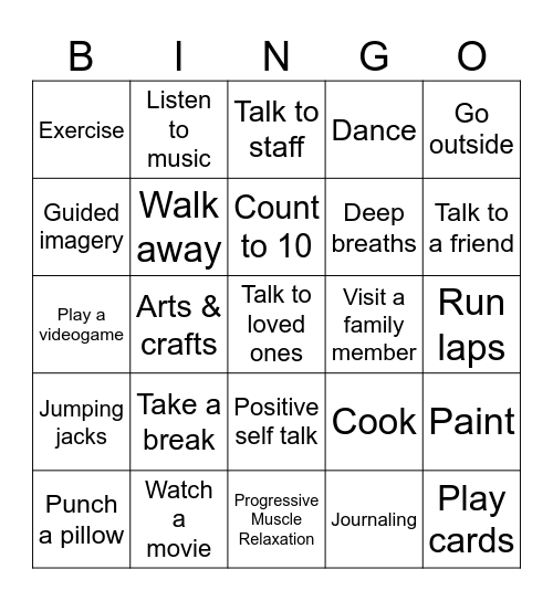 Anger Management Bingo Card
