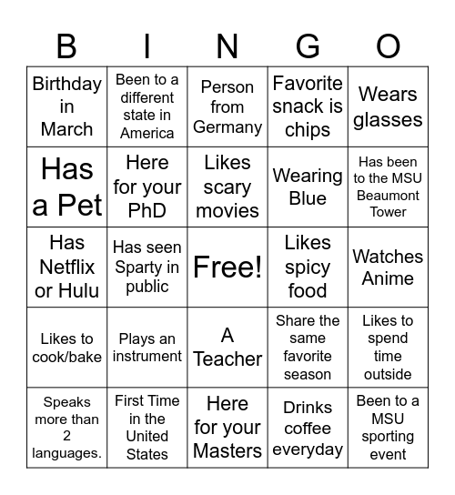 Speed Dating BINGO Card