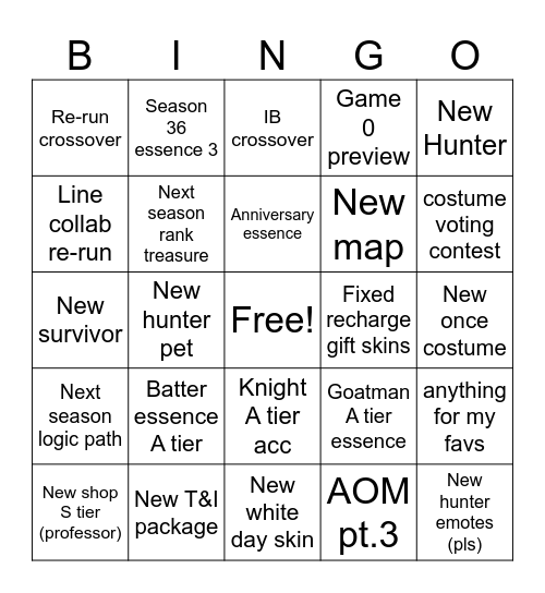 Identity V Reveal Show Bingo Card