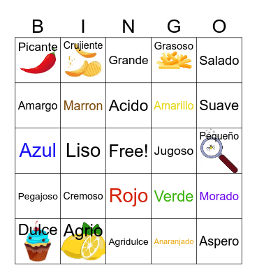 Food Adjectives in Spanish Bingo Card