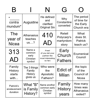 Early Church Bingo Card