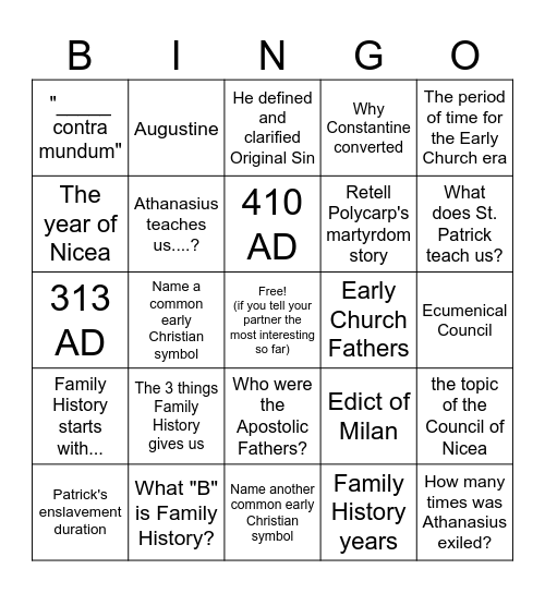 Early Church Bingo Card