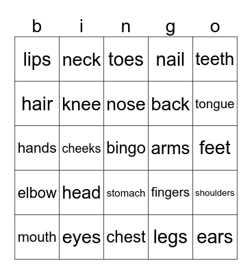 body parts Bingo Card