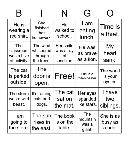 Literal vs. Figurative Language Bingo Card