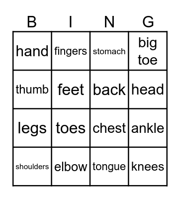 Body parts Bingo Card