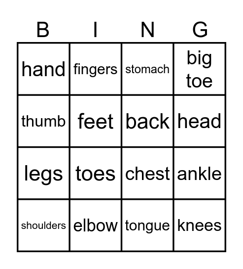Body parts Bingo Card