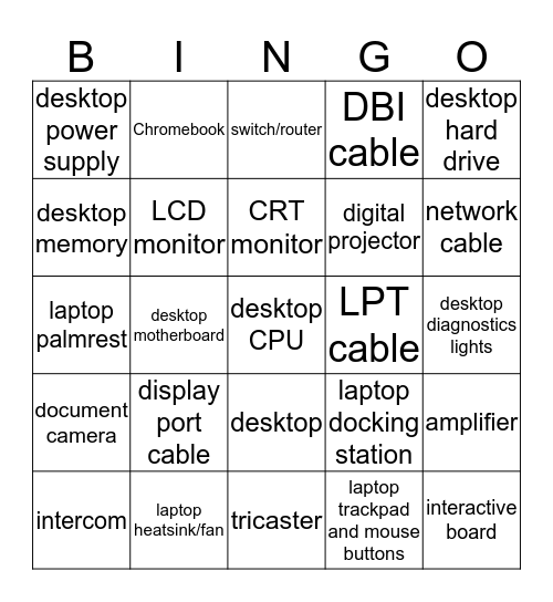 Technology Vocabular Bingo Card