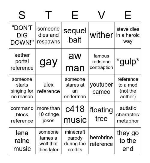 Minecraft movie bingo Card