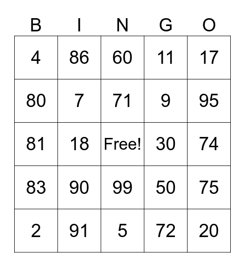 les nombres 100 Bingo Card