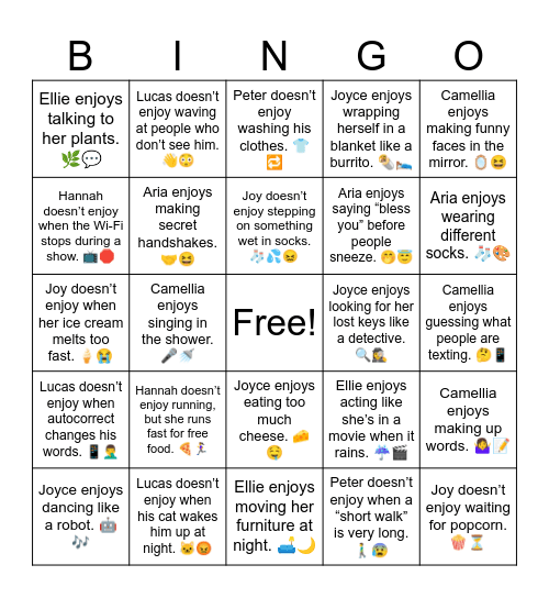 B15 U9 Peter enjoys dancing Bingo Card