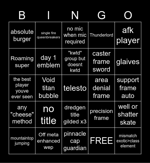 Casual LFG D2 Bingo Card