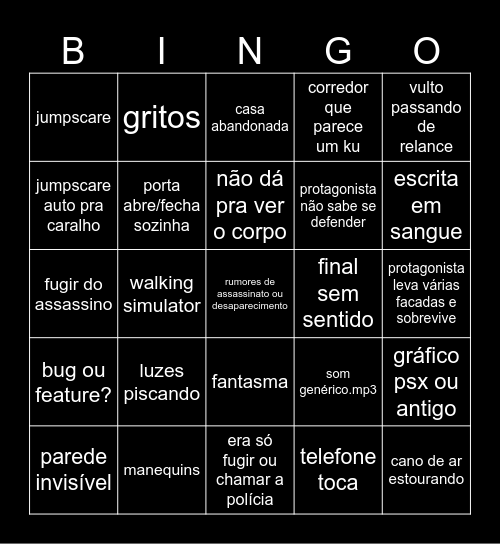 Bingo Jogo de Terror Bingo Card