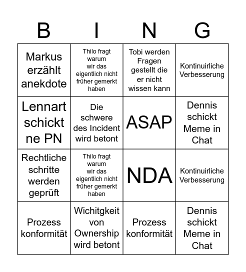 Incident Meeting Bingo Card