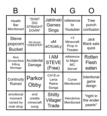 Minecraft Movie Bingo Card