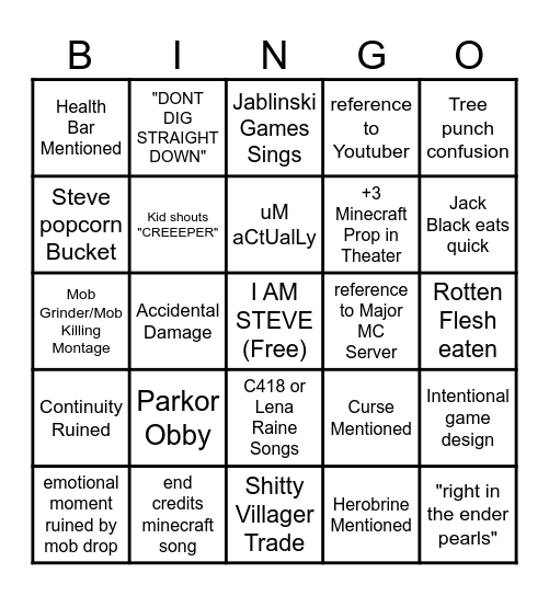 Minecraft Movie Bingo Card