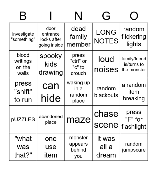 Horror game Cliche's Bingo Card