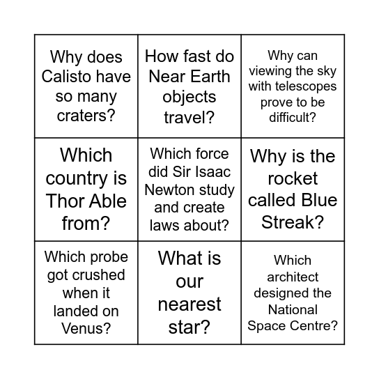 SPACE BINGO Card