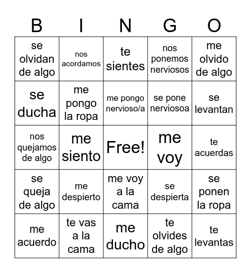 verbos reflexivos Bingo Card