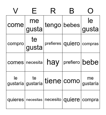 Food Verbs Bingo Card