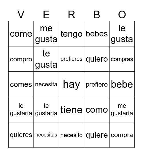 Food Verbs Bingo Card