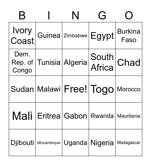 Africa Bingo Card