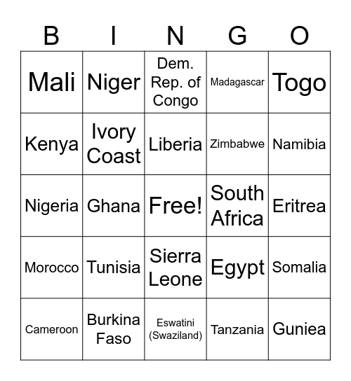 Africa Bingo Card