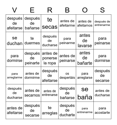 VERBOS REFLEXIVOS Bingo Card