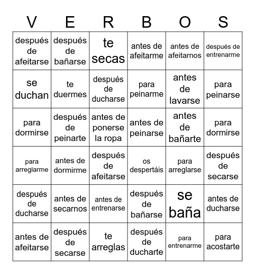 VERBOS REFLEXIVOS Bingo Card