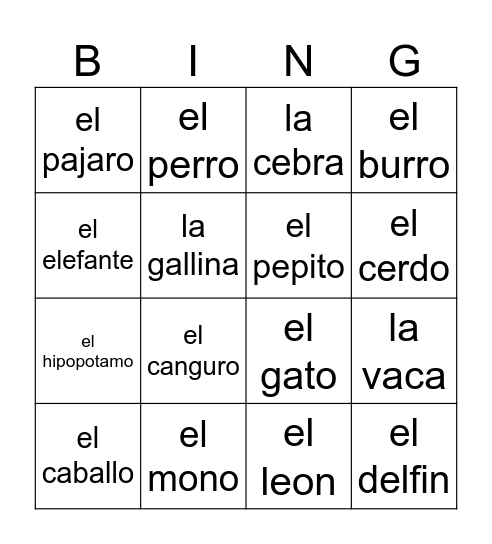Animales Bingo Card