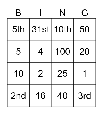 Numbers Bingo Card