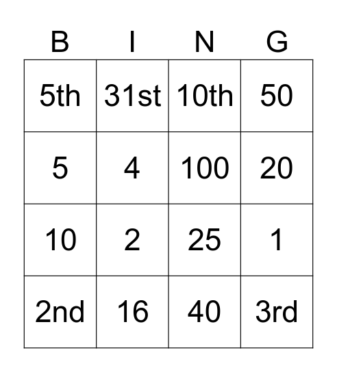 Numbers Bingo Card