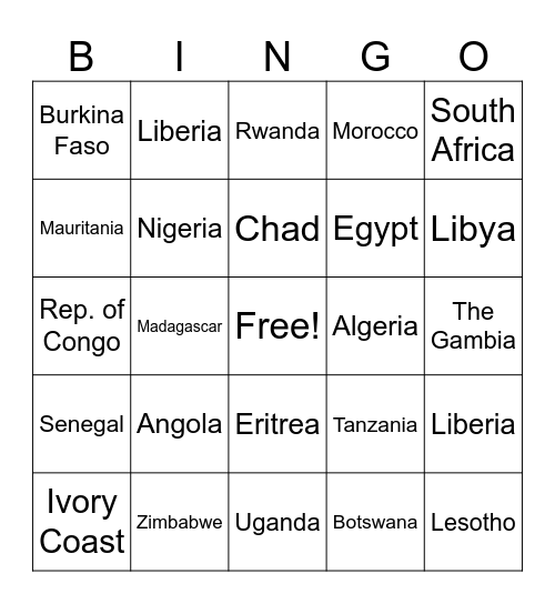 Africa Bingo Card