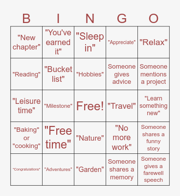 Sandra's Retirement Bingo Card