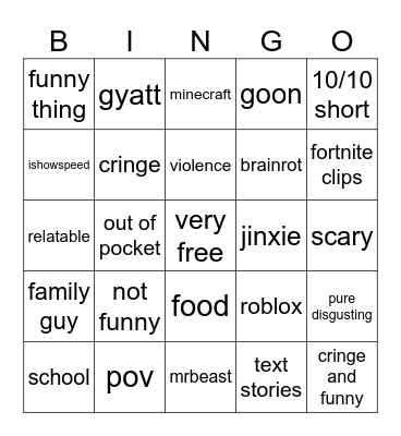 YT SHORTS BINGO Card