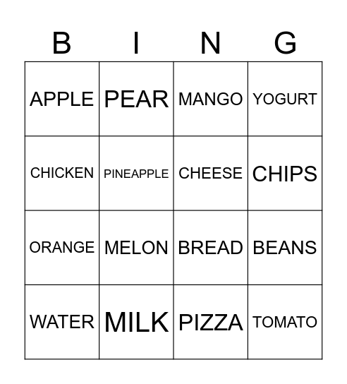 Food Bingo Card
