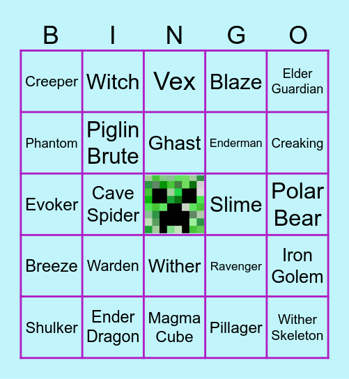 Defeat these enemies in Minecraft Bingo Card