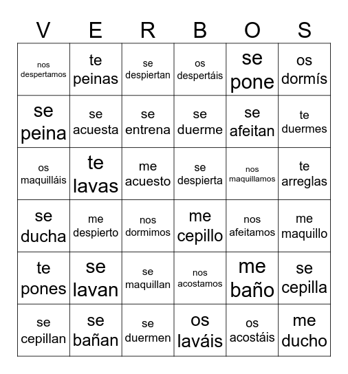 VERBOS REFLEXIVOS Bingo Card