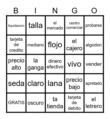 Realidades 2 2B shopping Bingo Card