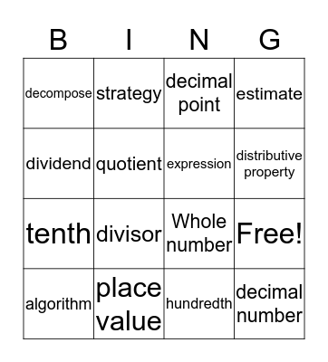 5.3 G Division with Decimals Bingo Card