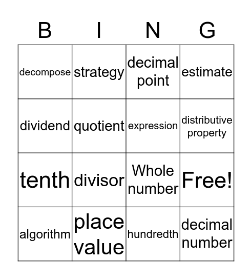 5.3 G Division with Decimals Bingo Card