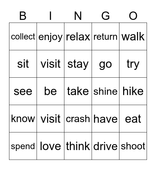 Bingo verbs Pembrokshire Bingo Card