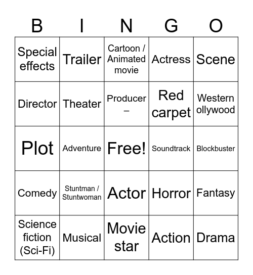 Hollywood Bingo Card