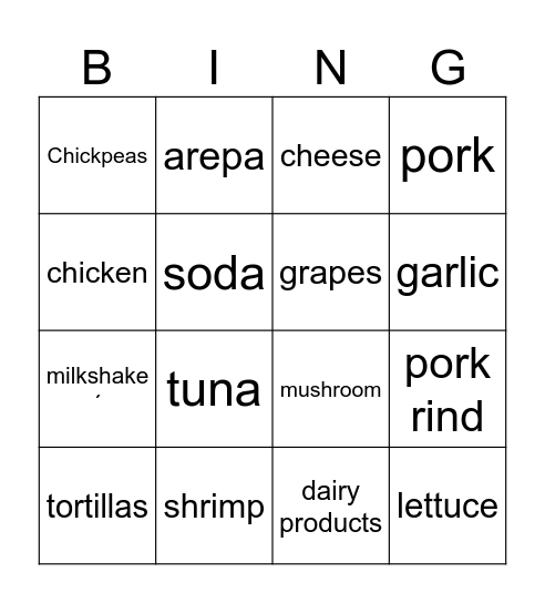 Food Bingo Card