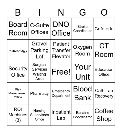 Hospital Scavenger Hunt Bingo Card