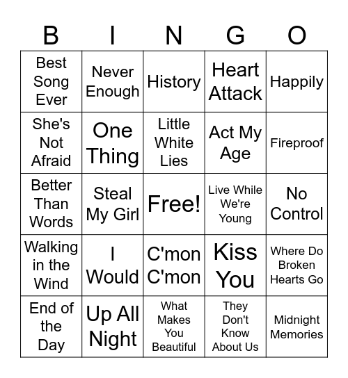 One Direction Bingo Card