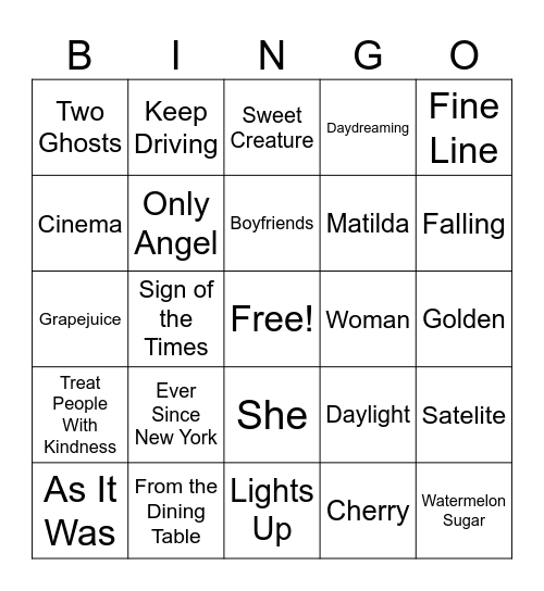 Harry Styles Bingo Card